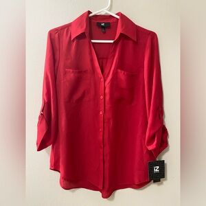 IZ Byer red blouse womens size small button up roll tab sleeves semi sheer nwt